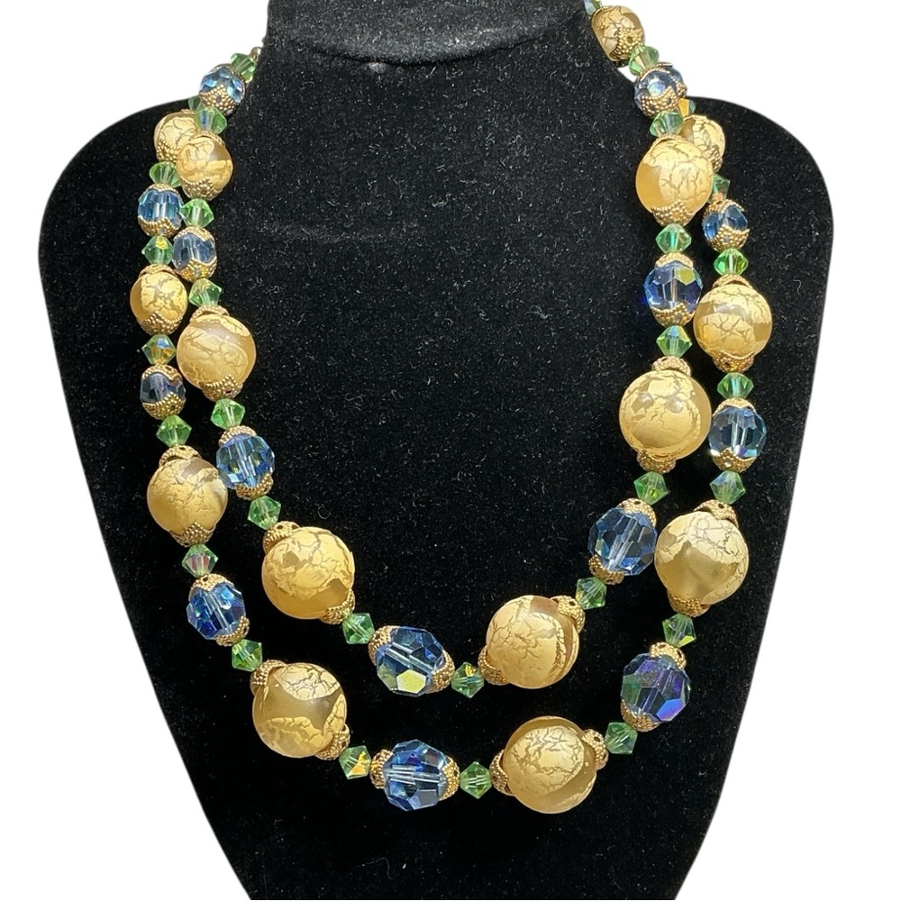 Vintage Double Strand Necklace Frosted Gold Satin Glass & AB Crystal Beads